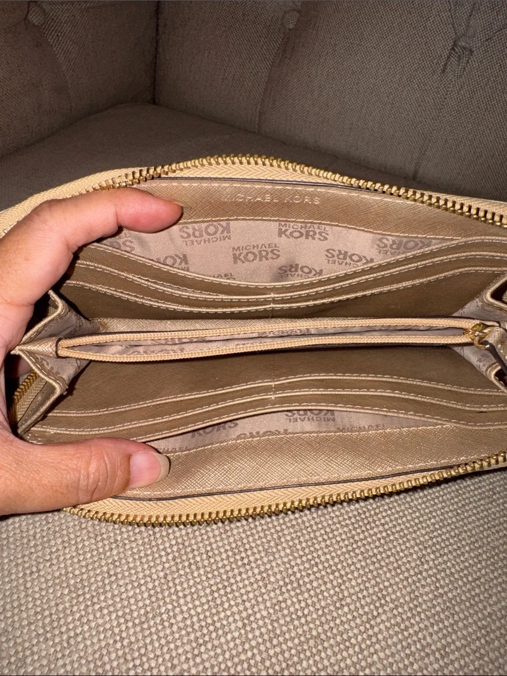 Michael Kors Cream Monogram Zip Wallet with Gold Accents